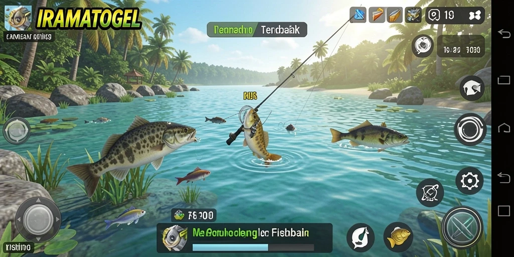 Screenshot utama gameplay IRAMATOGEL menampilkan pengalaman memancing yang mendebarkan.