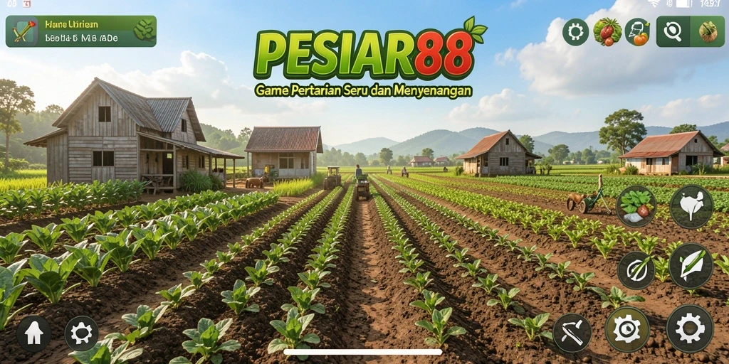 Tampilan gameplay PESIAR88 menunjukkan ladang yang subur dan beragam hasil pertanian.
