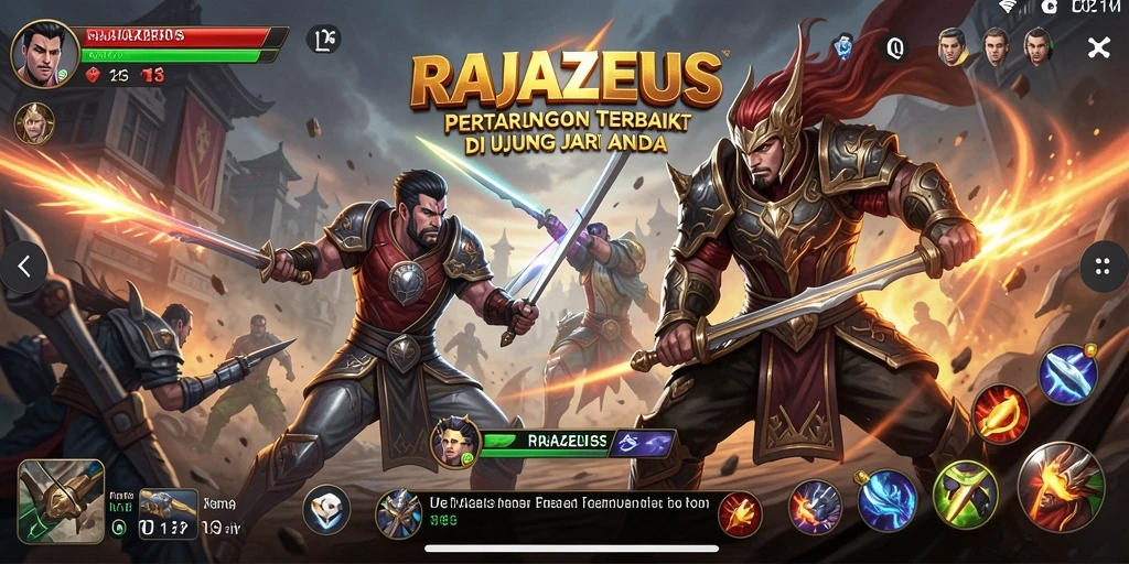 Tampilan gameplay epik dalam RAJAZEUS saat pertarungan berlangsung.
